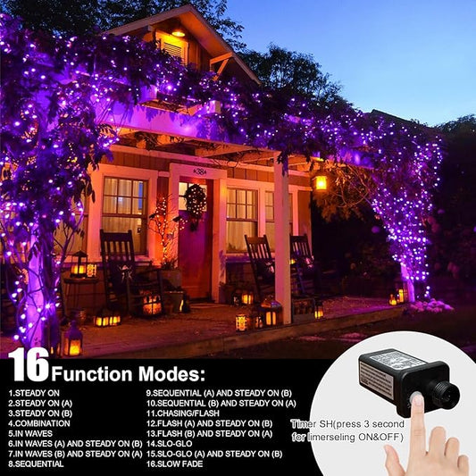 LAMPHOME 165ft Purple String Lights, 500LED Halloween Lights Plug in,16 Modes Purple Christmas Lights, Indoor Outdoor Halloween String Lights for Christmas Tree Bedroom Garden Party Xmas Decor