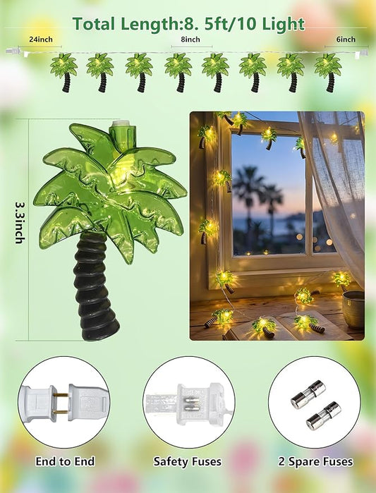 Palm Tree String Lights Outdoor, Summer Beach Themed Decoratives String Lights with 10 Palm Tree Patio Light, Plug in Indoor Fairy Lights for Outdoor Indoor Beach Tropical Party Bedroom Birthday Decor
