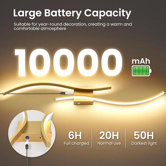 Battery Operated Wall Sconces Set of Two, 10000mAh Rechargeable Modern Wall Lights with Remote Control, Dimmable Gold LED Cordless Lighting for Living Room, Bedroom, Hallway, 39.4 Inch, 3CCT