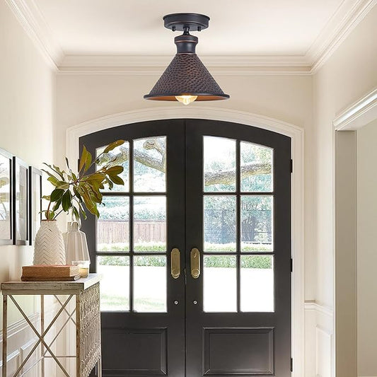 Tarentlight 9.2" Industrial Semi Flush Mount Ceiling Light,Vintage Hammered Pattern Cast Aluminum Shade,1-Light E26 Classic Lamp,Oil Rubbed Bronze Farmhouse Lighting for Hallway Kitchen Entryway.
