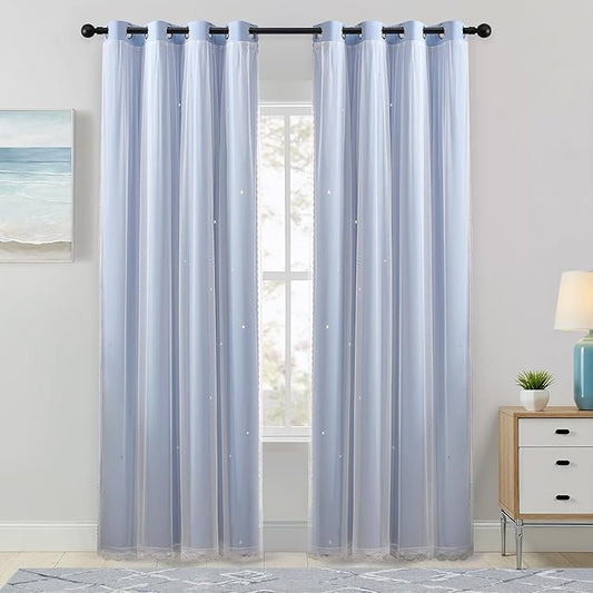XiDi Light Blue Blackout Curtains for Girls Bedroom Living Room 84 Inches Long 2 Panels Star Curtains Boys Kids Room Darkening Thermal Insulated Drapes Grommet Noise Reduction Window Treatments 34x84
