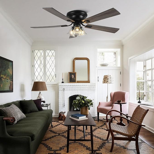 52'' Flush Mount Ceiling Fans with Lights and Remote Control,Reversible DC Motor,5 Reversible Blade,6 Speeds,Rustic Farmhouse Ceiling Fan for Living Room,Dining Room,Bedroom