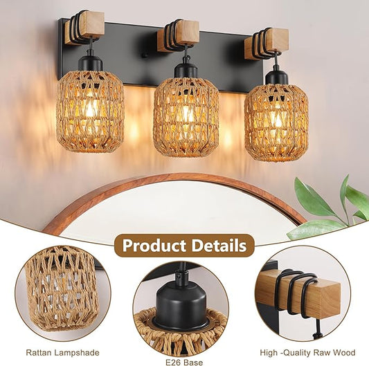 LmnLvn Farmhouse Bathroom Light Fixture, Boho Vanity Light, 3-Light Rattan Bathroom Light Fixture Over Mirror Rustic Vanity Lighting with Handwoven Shades, Suit for Restroom, Bedroom, Hallway