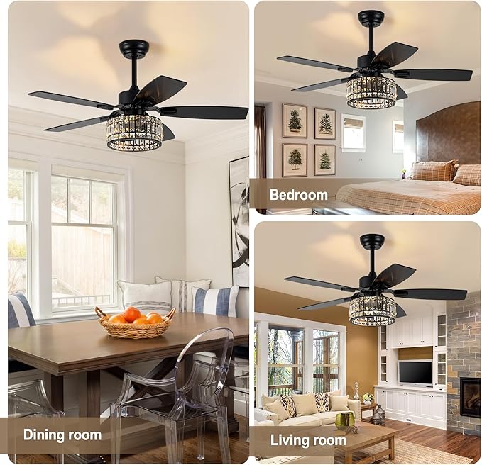 Chandelier Ceiling Fans with Lights and Remote,Caged Ceiling Fan with Light,App 5 Blades E26 Fandelier Ceiling Fans with Lights,Crystal Ceiling Fan for Bedroom,Living Room. (Black, 42 Inch)