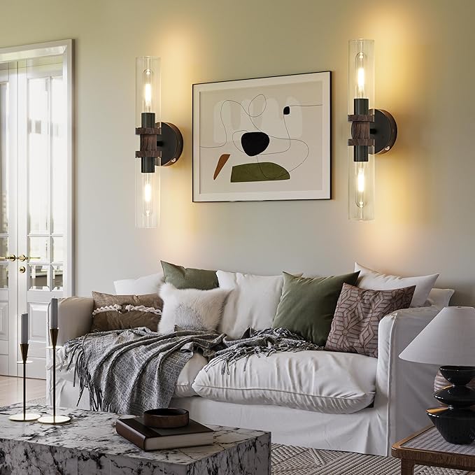 10000mAh Battery Operated Wall Sconce Set of 2, Black & Walnut Rechargeable Wall Sconces, Modern Cordless Wall Lights with Remote Control, Dimmable for Living Room, Bedroom, Hallway, Entryway 3000K