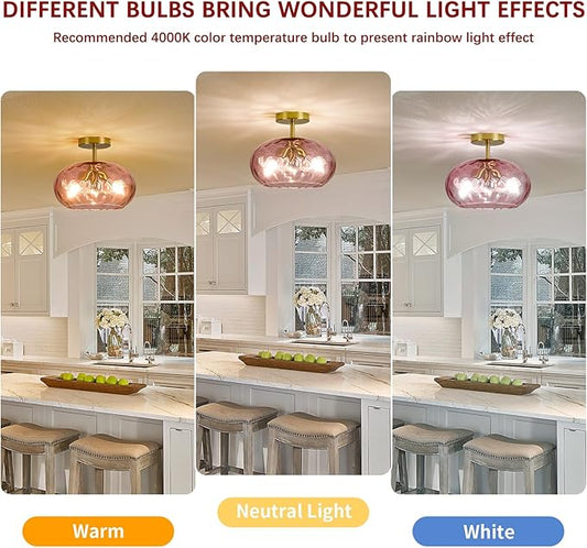 Luafac Red Glass Semi Flush Mount Ceiling Light - 12 Inch Hammered Glass Hallway Light fixtures, Vintage Gold Flush Mount Ceiling Light,Mid Century Light Fixture for Entryway Laundry Room Foyer Porch
