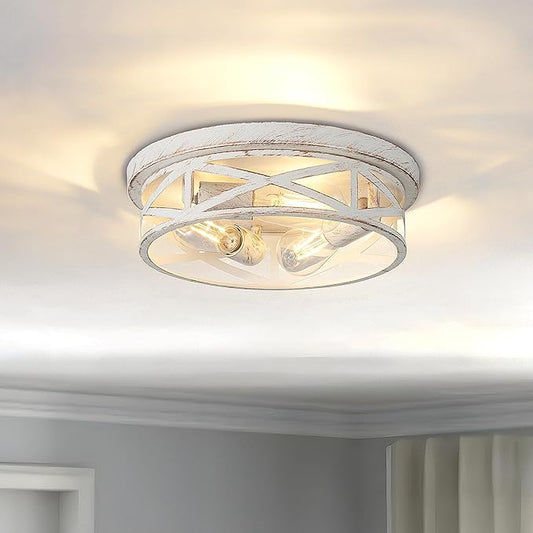 3-Light Cage Ceiling Light Fixtures, Indoor Modern Close to Ceiling Lights, 13 Inch White and Gold Metal Flush Mount Ceiling Lights for Bedroom, Living Room, Kitchen