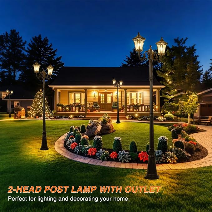 Dusk to Dawn Outdoor Lamp Post Lights with Outlet, Hardwired 2-Head Street Light Fixtures with Patterned Glass, Waterproof Outside Pole Lamps for Backyard, Garden, Driveway