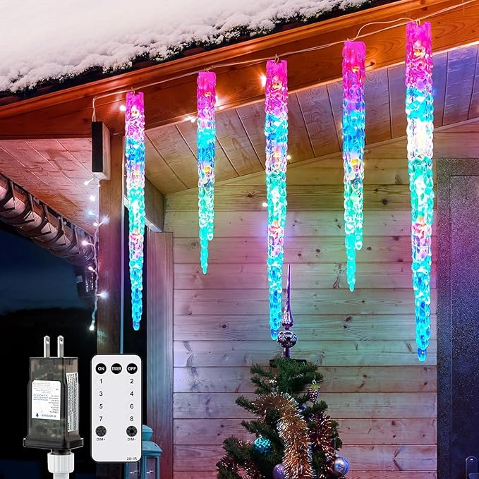 Brightown Icicle Lights Outdoor, 2 Pack Total 40ft 40 Tubes 200 LED Ice Shape String Lights, Connectable Hanging Christmas Decoration Lights for Tree Patio Roof Holiday Decor, Multicolor