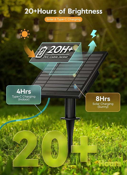 Minetom 79FT Solar String Lights Outdoor Waterproof, 24 LED S14 Shatterproof Bulb, Patio Lights with Remote Type-C Port Timable, 3 Light Modes Dimmable Solar String Lights for Outside, Yard, Camping