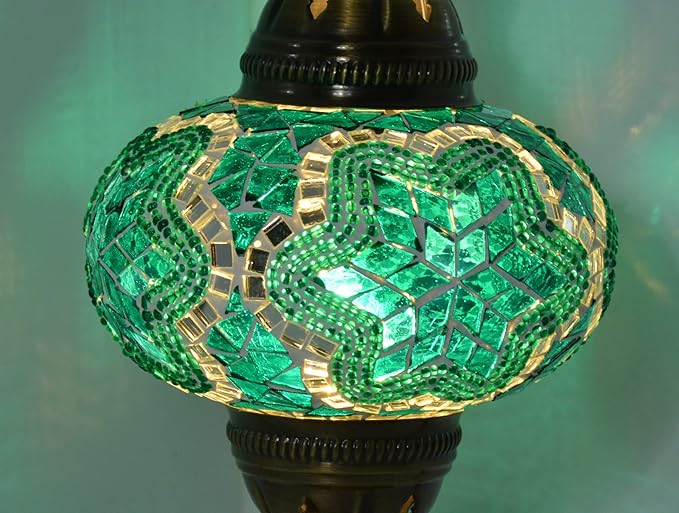 Turkish Mosaic Table Lamp with Bulb – Handmade Turquoise-Teal Stained Glass Light, Vintage Bohemian Bedroom & Living Room Decor, E12 Socket & US Plug