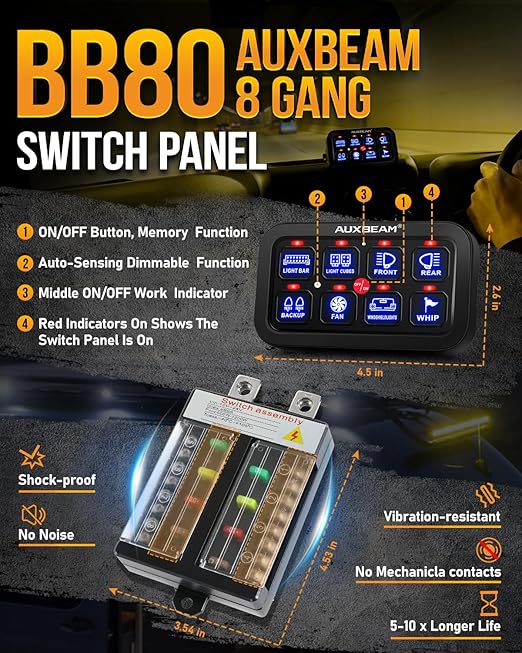 Auxbeam 8 Gang Switch Panel BB80 Universal Circuit Control Relay System Automatic Dimmable LED Switch Control Panel Switch Pod Touch Switch Box for Car Truck Offroad ATV SUV - Blue, 3 Years Warranty
