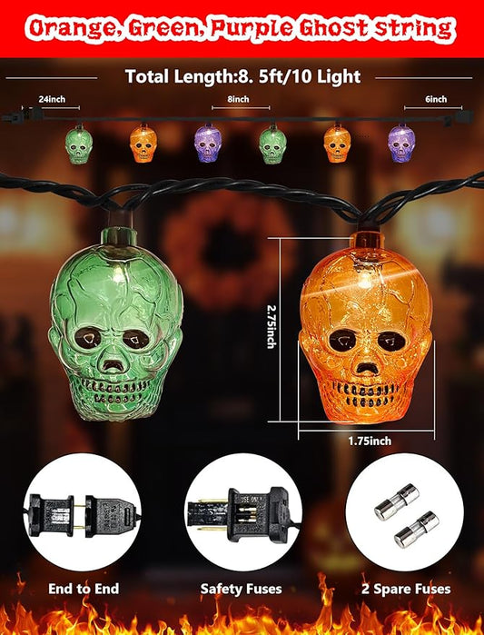 Halloween Skull String Lights Outdoor, 8.5Ft Ghost Head Lights with 10 LED Orange Green Purple Skull Head Lights, Hanging Halloween Decoration Skeleton Light for Patio, Porch, House, Party Decorations