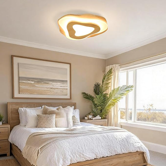 Littleglovo 15.7" Modern Flush Mount LED Chandelier for Dining Room, Natural Wood Petal Energy Chandeliers Ceiling Light for Entryway Bedroom Foyer Kitchen Living Room Bathroom
