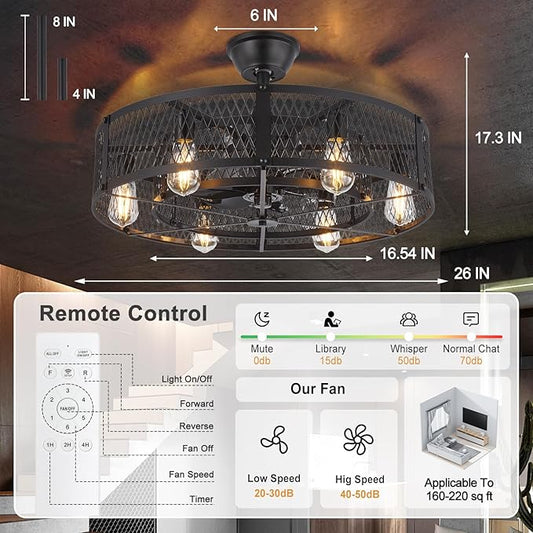 Depuley Outdoor Ceiling Fan with Light: 26" Caged Ceiling Fans with Remote Control for Patio Kitchen Bedroom - Farmhouse Fandelier Flush Mount Lights Fixture Reversible 6 Speed Timer Black