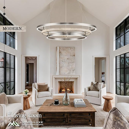 3 Ring LED Chandelier Nickel Round Chandelier Light Fixture 31in Dimmable Modern Entry Chandeliers Weathered Wood Circular Light for Foyer Dining Room Bedroom Office Living Room