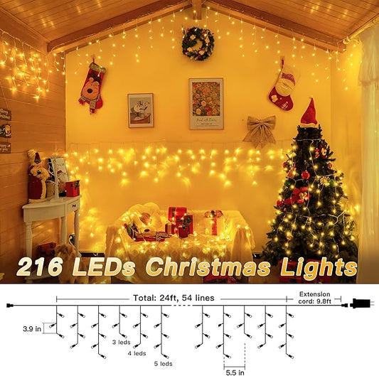 Icicle Lights for Outside, 216LED 24FT Waterproof Christmas Light Outdoor with 8 Modes & Timer, Connectable Christmas Icicle Lights for Eaves House Yard Indoor Outdoor Holiday Decoration(Warm White)