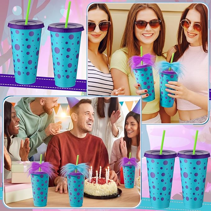 12 Sets Monster Party Supplies 24 oz Reusable Monster Themed Party Plastic Cups and Fur Plush Purple Blue Bows Bulk Cartoon Themed Drinking Cups for Girl Boy Birthday Baby Shower Decorations