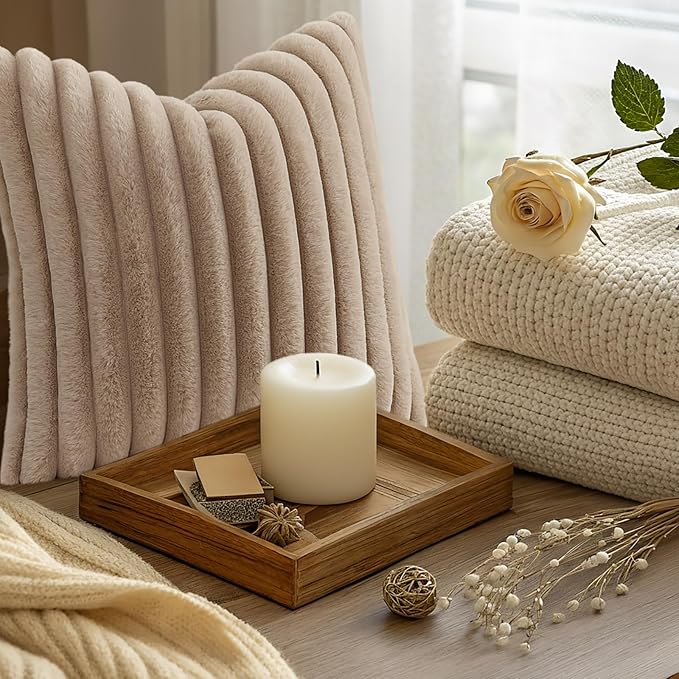 decorUhome Cozy Faux Fur Throw Pillow Covers 22x22 Set of 2 Decorative Soft Plush Striped Modern Farmhouse Boho Couch Euro Sham Pillow Cases with Velvet Back for Sofa Bed Living Room, Khaki Brown