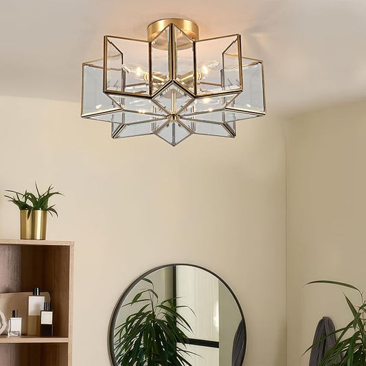 Milaii Star Semi Flush Mount Ceiling Light Fixture 16.3in Copper Brass Close to Ceiling Light Clear Glass 4-Light Hallway Lights for Kitchen Bedroom Foyer