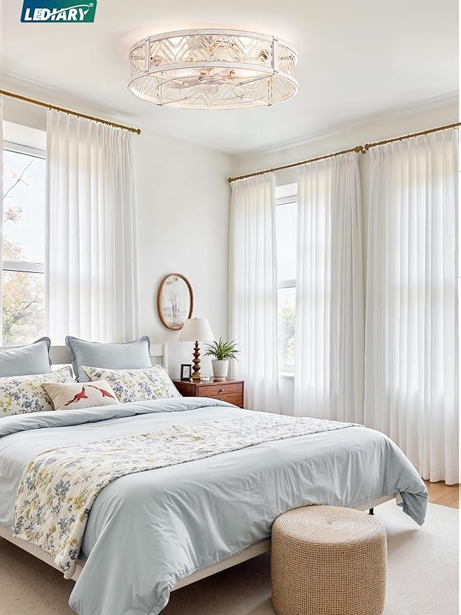 LEDIARY 23" Caged Ceiling Fan with Light, Large Flush Mount, App&Remote Control, Low Profile Bladeless Fan Light Fixture 6 Speed, Reversible and Quiet Motor-White Gold