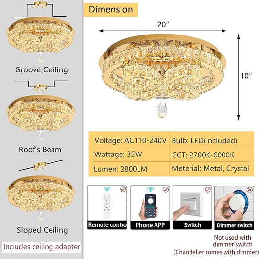 20'' Modern Crystal Chandelier LED Dimmable Flush Mount Ceiling Light Pendant Light for Living Room Bedroom Dining Room Gold Light Fixture