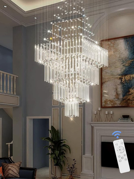 Flashing God D32''X H110'' High Ceiling Chandelier Crystal Raindrop Chandeliers Staircase Large Chandelier Villa Entrance Foyer Hanging Light High Ceiling Pendant Light Fixture with LED Dimmable