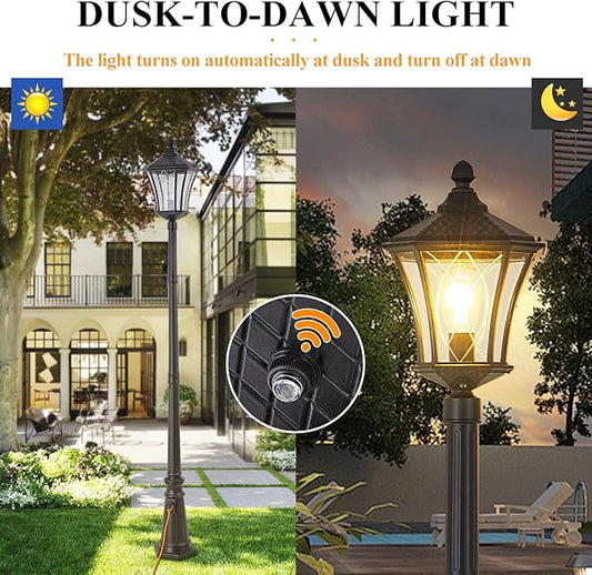 Outdoor Lamp Post Lights with Outlet, Dusk to Dawn Pole Lamp with Patterned Glass, Aluminum Waterproof Outside Street Light with Plug, Hardwired Black Light Pole for Backyard, Garden, Driveway