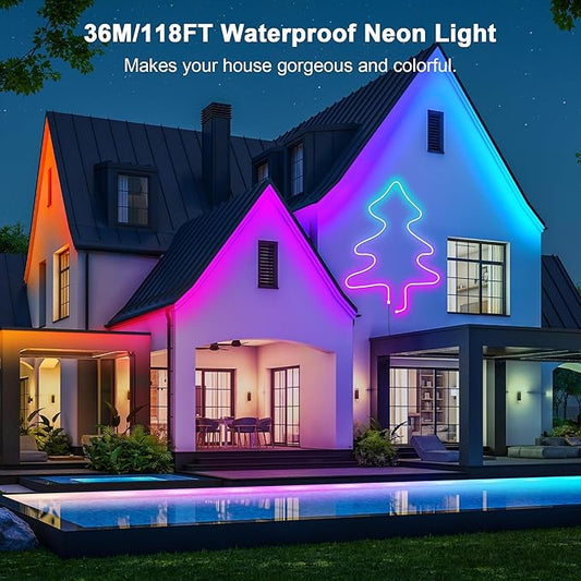Cozylady RGB Neon LED Rope Lights, Waterproof Bluetooth APP Remote Control Music Sync Strip Lights, 24V Flexible DIY Silicone Light for Bedroom Home Indoor Outdoor Decor (36M/120Ft)