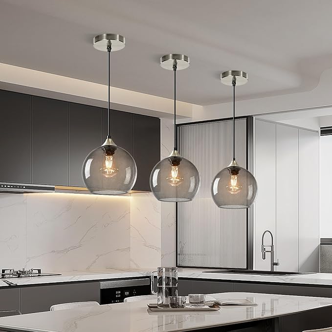 Light Grey Glass Pendant Light for Kitchen Island, Includes 3 Bulbs & 4.92FT Adjustable Cord, Modern Pendant Lighting Fixtures for Kitchen, Dining Room, Living Room(7.1in)