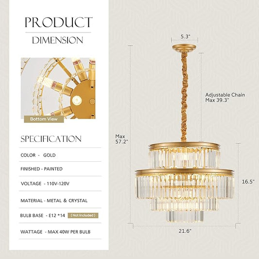 21.6" 14-Light Modern Crystal Chandelier Light Fixtures 4-Tier Gold Luxury Chandeliers for Dining Room Round Hanging Pendant Lighting for Living Room Kitchen Entryway Bedroom Foyer Hallway