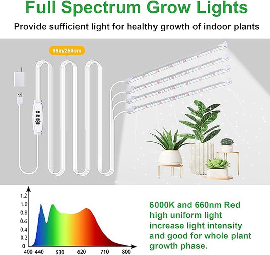 RWNTAO Grow Lights for Indoor Plants, 13" Grow Light Strips with Timer 3/9/12 H, 10 Dimmable Levels, 192 LEDs Full Spectrum Sunlight Plant Growing Lamp for Indoor Greenhouse Seedlings, 4 Head