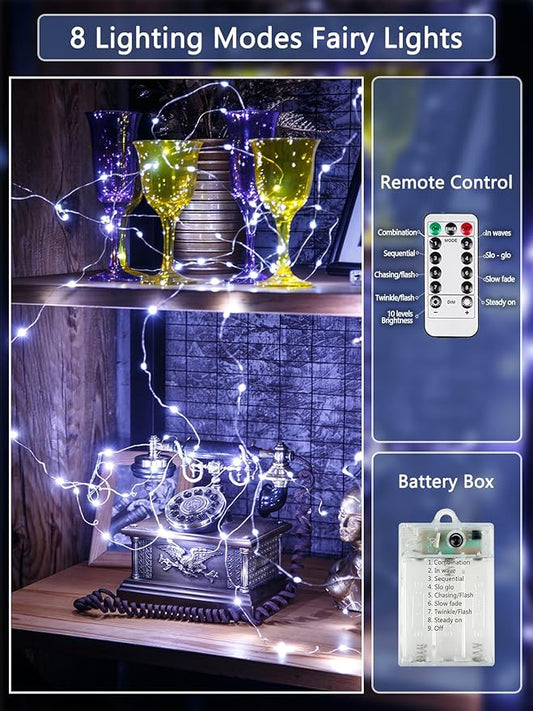 6 Pack Fairy Lights Battery Operated with Remote Control Timer, 26 FT 80 LED String Lights Outdoor Indoor, 8 Modes Twinkle Lights for Christmas Party Wedding Birthday Bedroom Décor (Cool White)
