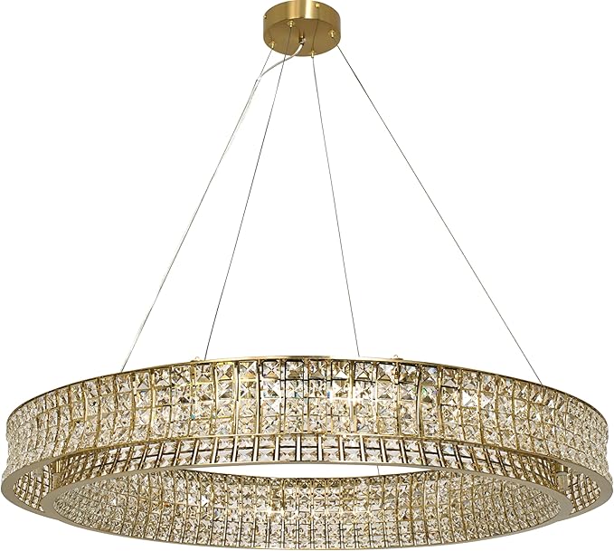 Modern Crystal Chandelier Round 20-Light Contemporary Hanging Ceiling Light Fixture Copper/Brass Finish with Rectangular Crystals Dining Room Living Room Bedroom Entryway Lighting Easy Install 39''
