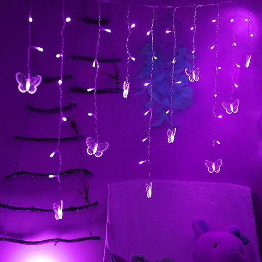 Butterfly Curtain Lights, 4.9ft 48 LED USB Window Fairy Lights 10 Butterflies 8 Modes Firefly Twinkle String Lights for Room Bedroom Wall Ceiling Party Wedding Christmas (Purple)