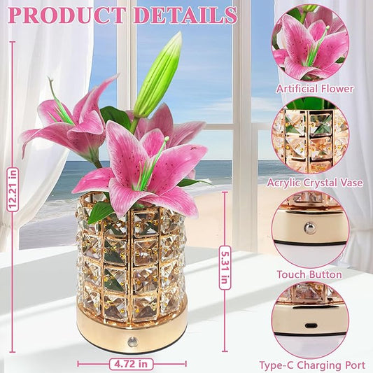 Lily Flower Lamps, Rechargeable Cordless Small Desk Lamp, 3 Colors Dimmable Artificial Flowers Night Light, Fake Bouquet 3 Lilies with Crystal Vase for Home Date Party Decoration (Pink - Lily)