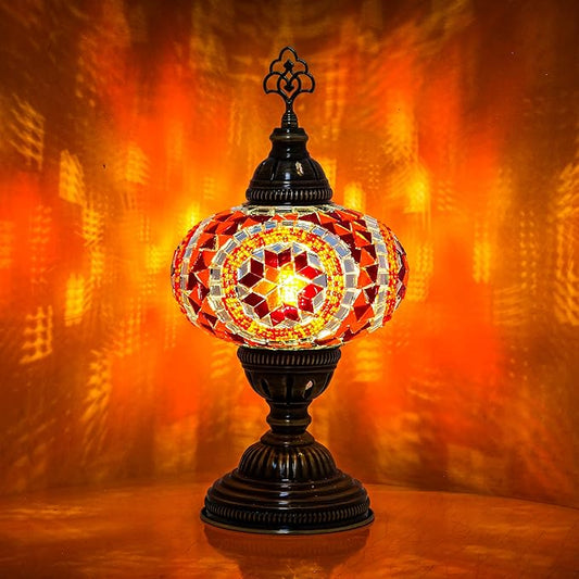 Turkish Mosaic Desk Lamp with Bulb – Orange Red Tiffany-Style Glass, Vintage Bohemian Bedside & Salon Decorative Light with E12 Socket & US Plug