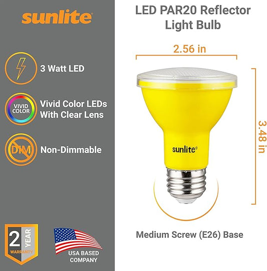 Sunlite 81466 LED PAR20 Colored Recessed Light Bulb, 3 Watt (50w Equivalent), Medium (E26) Base, Floodlight, ETL Listed, Yellow, 1 Count