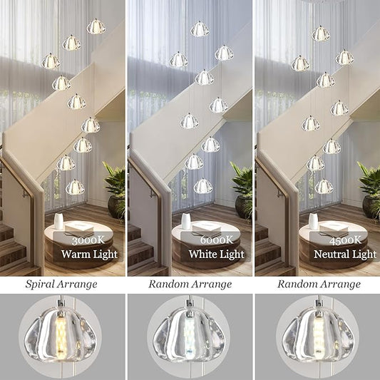 Modern Crystal Chandelier 9-Lights High Ceiling Raindrop Chandelier Lighting Fixture, LED Round Indoor Lighting Fixture Black for Foyer Staircase Living Room