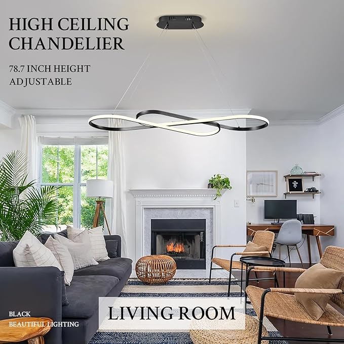 Modern LED Chandelier Black Dimmable LED Pendant Light for Dining Room Light Fixture Over Table Modern Kitchen Island Lighting High Ceiling with Remote for Living Room(42 Inch, 3000K-6500K)