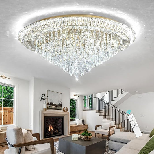Modern LED Crystal Chandelier for Living Room Dimmable Large Ceiling Light Fixture Round Raindrop Chandeliers for Dining Room Entryway Bedroom Foyer Gold
