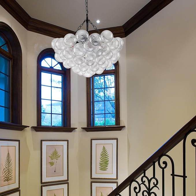 Hand Blown Glass Bubble Ball Chandelier Black Finish 24" Pendant Light Fixture Art Deco Cluster Swirled Ribbed Glass Globe Lighting for Bedroom Dining Restaurant Bedroom Bathroom Entry