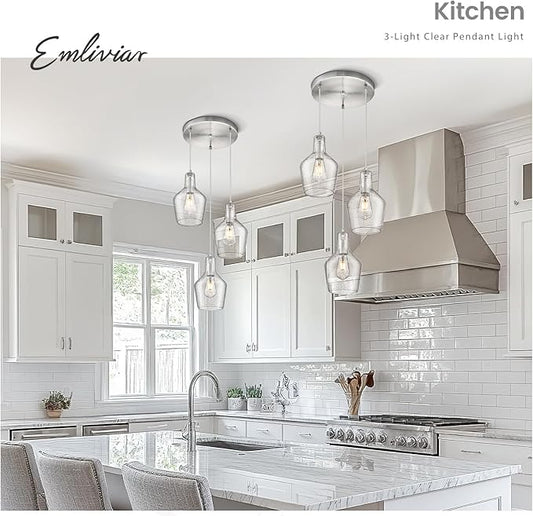 Emliviar Modern Kitchen Chandelier Brushed Nickel, 3-Light Hanging Pendant Lighting with Seeded Glass, Cluster Pendant Light Fixture for Entryway, DYE286G2-3 BN