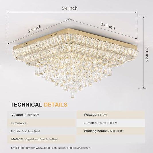 Miuyhji Elegant LED Crystal Raindrop Ceiling Light,24 Inch Square Gold Flush Mount Chandelier Light Fixture,Remote/APP, for Living Room Kitchen Dining Room Bedroom Hallway Entryway Foyer (Dimmable)