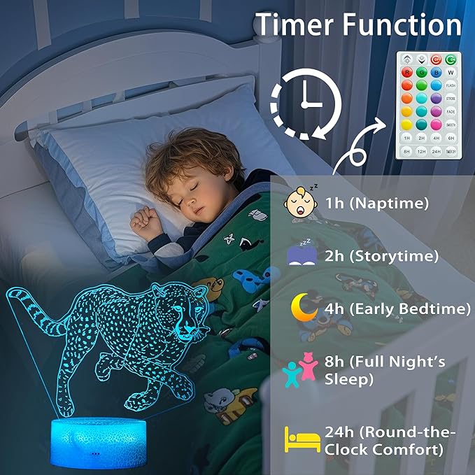 Cheetah Night Light, 3D Illusion Lamp with 16 Color Changing Modes, Remote Control Timer and Dimmable, Kids Boys Girls Room Decoration, Holiday Xmas Gifts