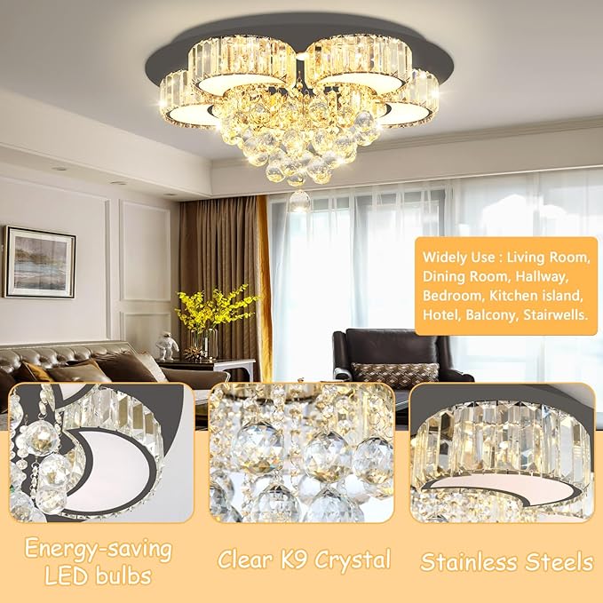 23.6" Black Modern Crystal Chandeliers for Dining Room LED Dimmable Light Fixtures Flush Mount Light Living Room Bedrooms