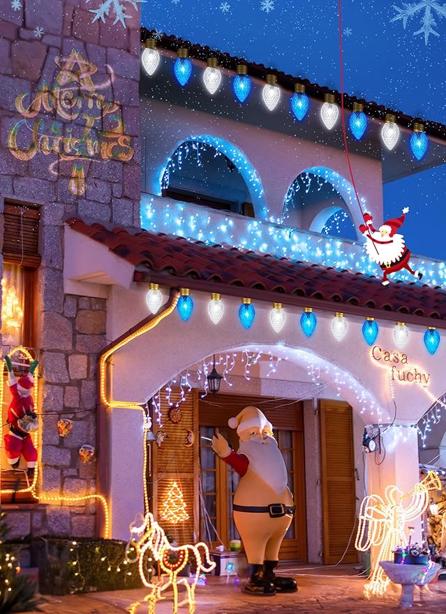 Brightown Strawberry Jumbo C9 Christmas Pathway Lights Outdoor -2 Pack Total 17 Feet 10 LED Jumbo C9 Walkway Lights, Christmas Light Outdoor Decorations for Lawn Outside Holiday, Blue & Pure White