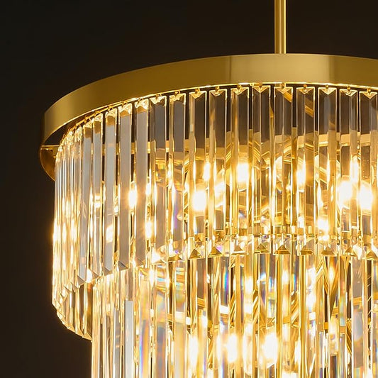 High Ceiling Chandelier Crystal Modern: 24" 5-Tiered Dimmable Staircase Chandeliers - Large Long Gold Hanging Pendant Light Fixture For Entryway Foyer Living Room - Round Flush Mount Ceilings Lights
