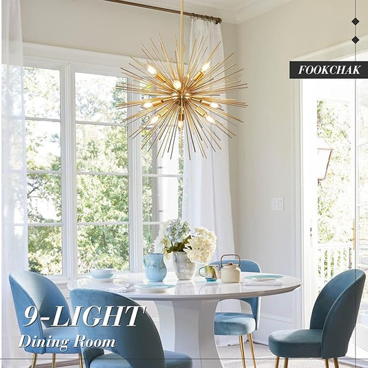 24in Gold Sputnik Chandelier 9-Light Starburst Chandelier Light Fixture Solid Metal Mid-Century Modern Satellite Light Fixture for Dining Room Bedroom Bathroom Entryway Kitchen Island