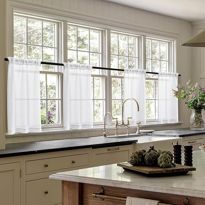 White Linen Kitchen Window Curtains 2 Panels Rod Pocket Linen Cafe Curtains 24 Inch Length Light Filtering Semi Sheer Boho Off White Short Tier Drapes for Small Window Basement Bathroom RV 26Wx24L